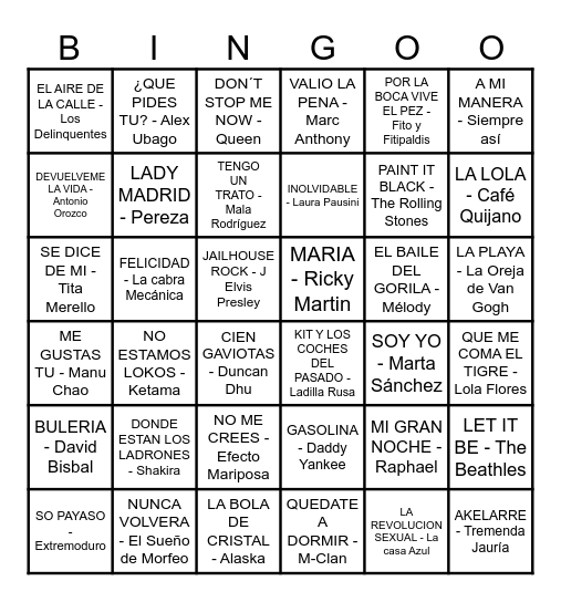 Bingo Musical 2 Bingo Card