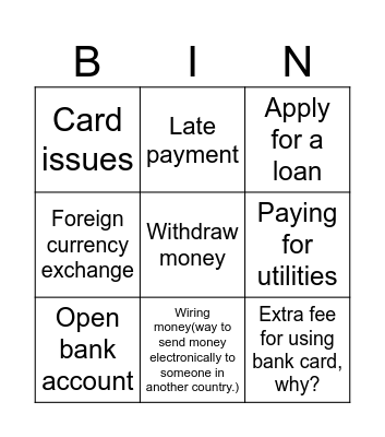 At the bank Bingo Card