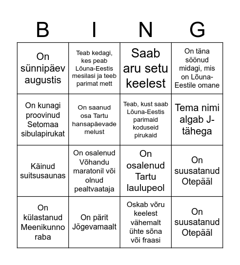 Tutvumisbingo Card