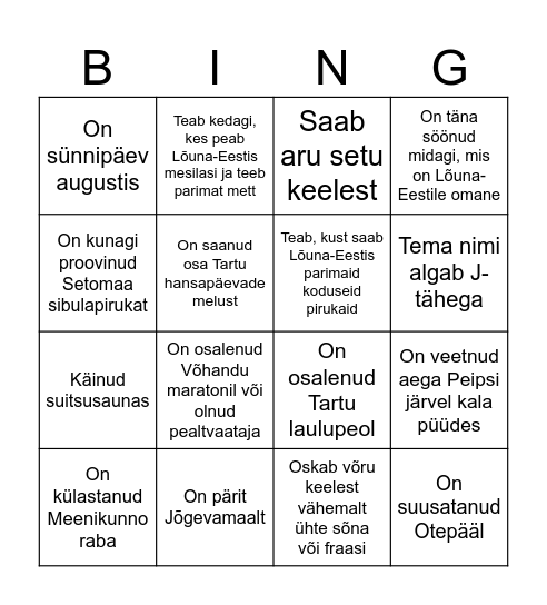 Tutvumisbingo Card