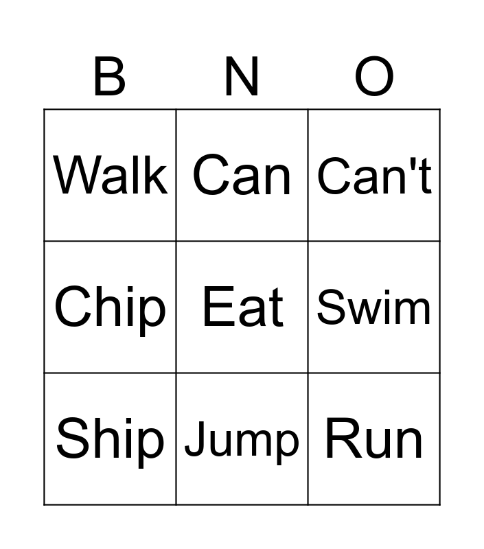 Actions Bingo Card