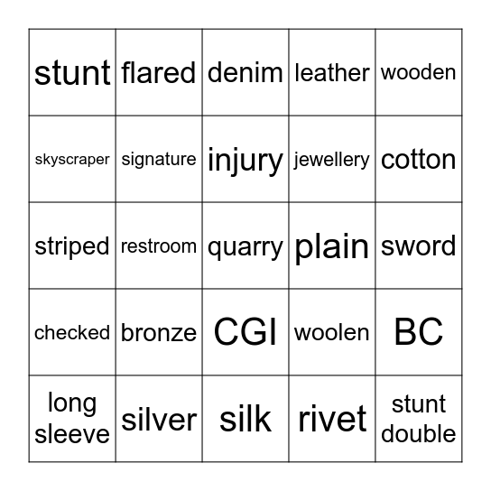 Clothes etc Kvarta Bingo Card