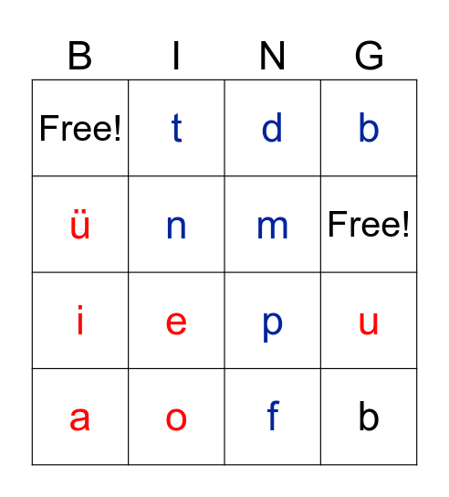 a o e i u ü + b p m f d t n l Bingo Card