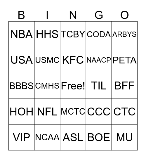 Acronyms Bingo Card