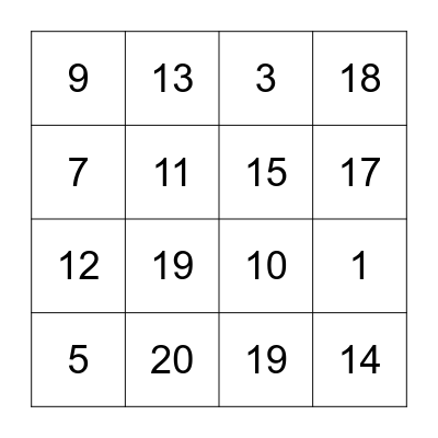 Numeros 1-20 Bingo Card