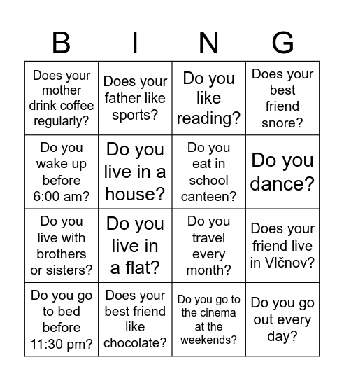 Present Simple Bingo Card