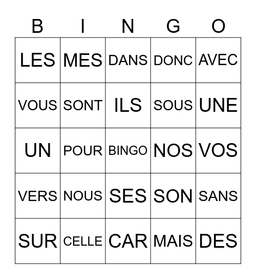 MOTS OUTILS Bingo Card