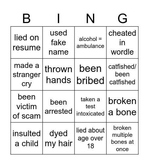 Never Have i Ever Bingo Card