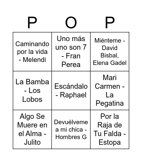 BINGO POP 1 Bingo Card