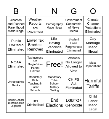 Project 2025 Bingo Card