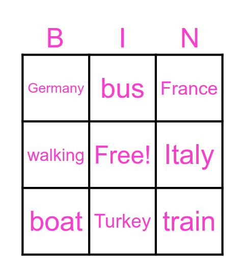 travel Bingo Card