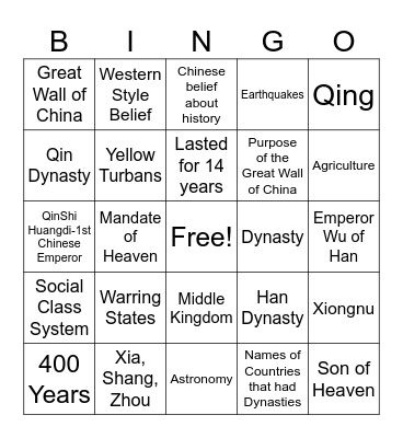 Chinese Dynasties & Other Key Facts Bingo Card