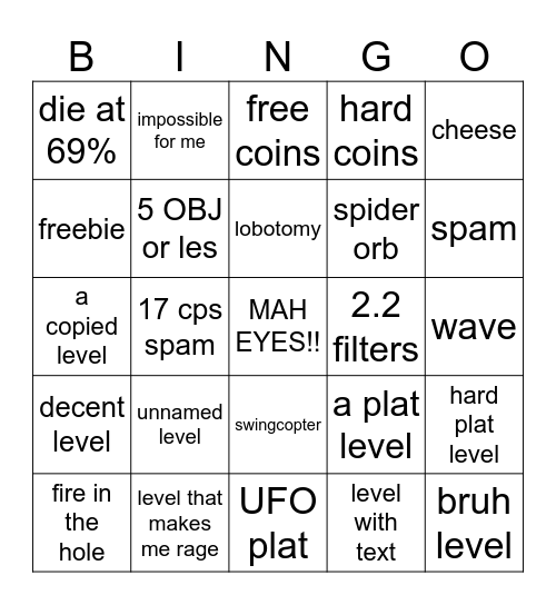 Geometry Dash Recent Tab Bingo Challenge Bingo Card