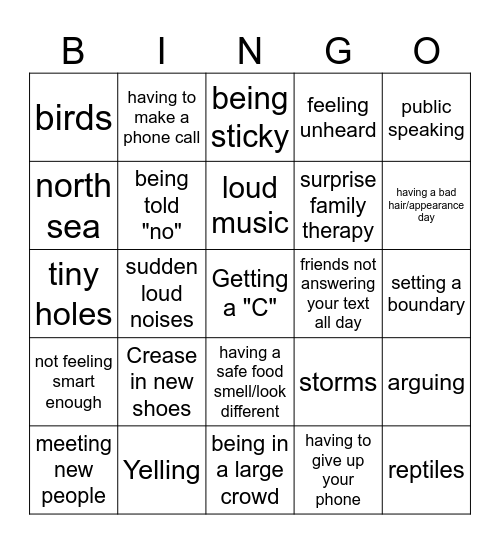 Triggers & Phobias Bingo Card