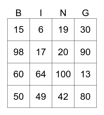 Numeros del 0 al 100 Bingo Card