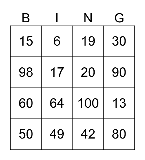 Numeros del 0 al 100 Bingo Card