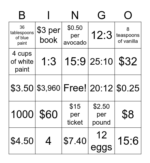 Unit 2 Ratios Review Bingo Card