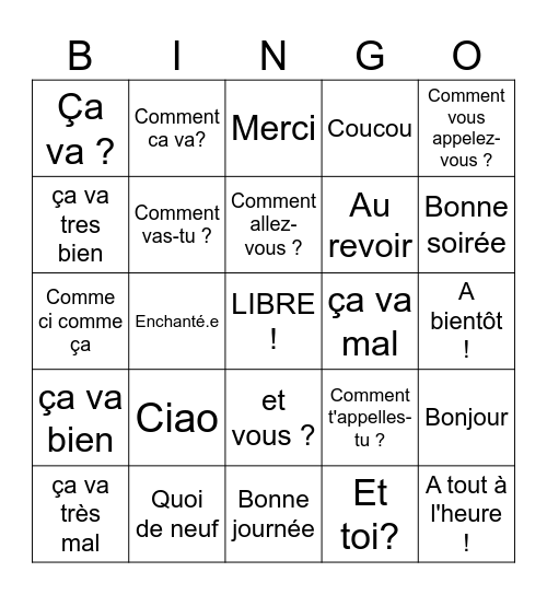 French greetings Bingo Card