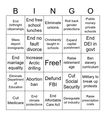 Project 2025 Bingo Card