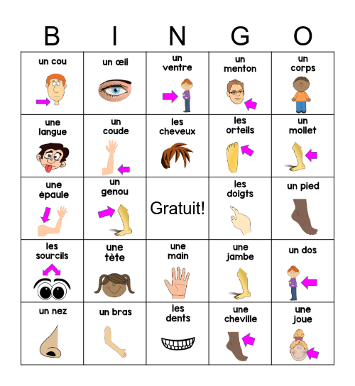 Les Parties du Corps Bingo Card