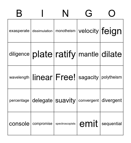Glossay/vocabulary words 7th/8th grade Bingo Card