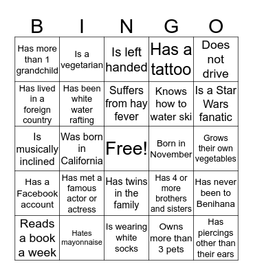 Get to Know Me! Bingo Card