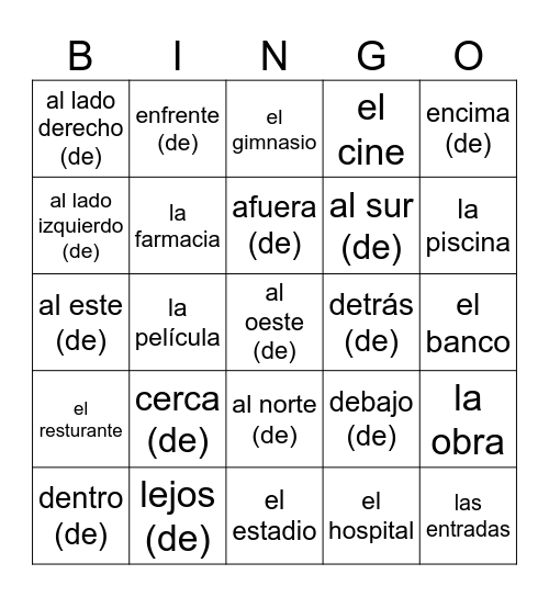 Las direcciones y los eventos Bingo Card