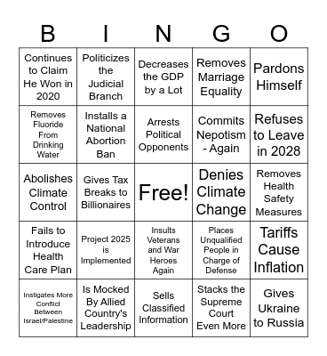 Trump Presidency Bingo 2025 Bingo Card