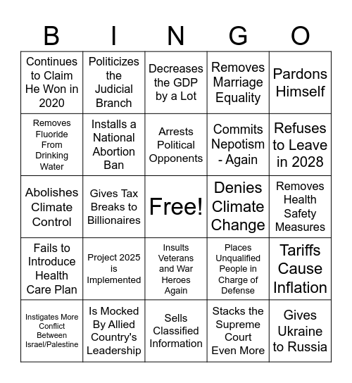 Trump Presidency Bingo 2025 Bingo Card