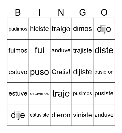 preterito irregular Bingo Card