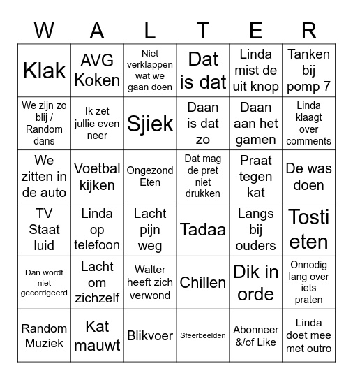 Walters Vlogs Bingo 6x6 Bingo Card