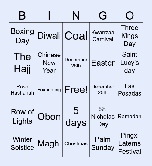 Holidays Around the World Bingo Card