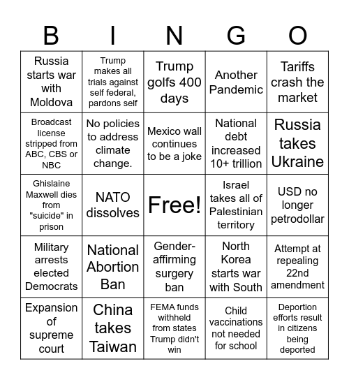 Trump Second Term Bingo Card