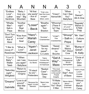 1994 Top Songs BINGO Card