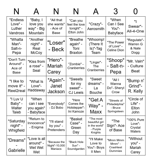 1994 Top Songs BINGO Card