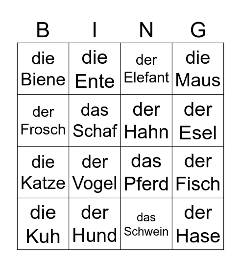 Bingo 1.KL Tiere Bingo Card