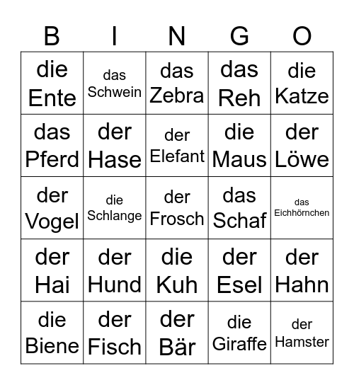 Bingo 1.KL Tiere Bingo Card