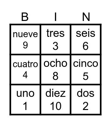 Spanish numbers 0-10 Bingo Card