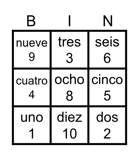 Spanish numbers 0-10 Bingo Card