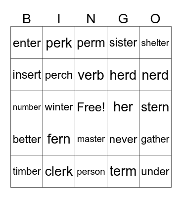 "er" words Bingo Card