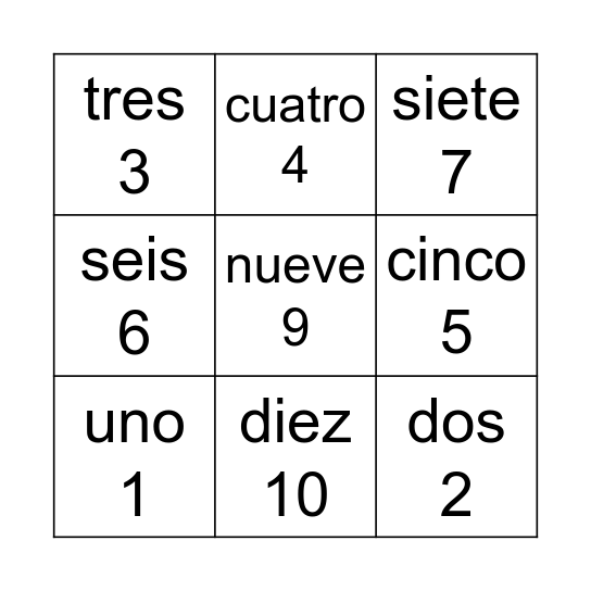 Spanish Numbers 0-10 Bingo Card