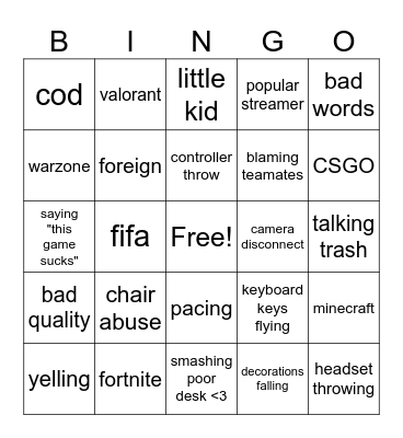 gamer rage Bingo Card
