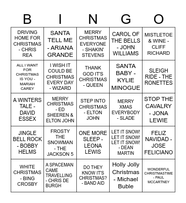 CHRISTMAS MUSIC BINGO Card