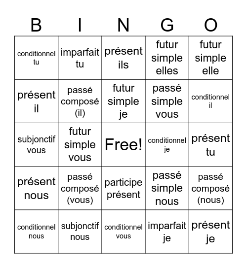Les temps en français Bingo Card