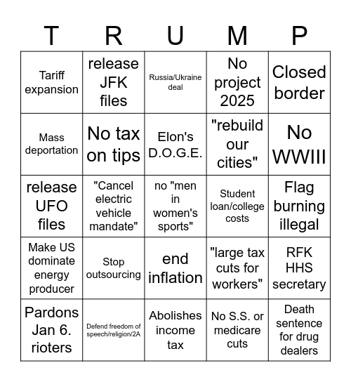 Trump Promises 2024 Bingo Card