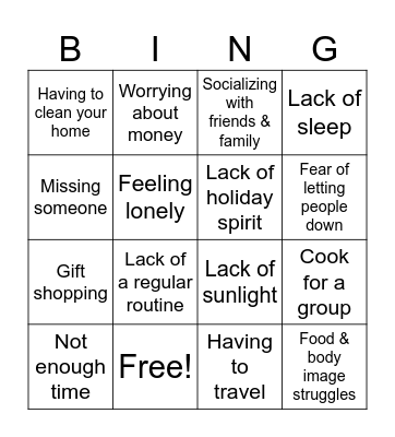 Holiday Stress Bingo Card