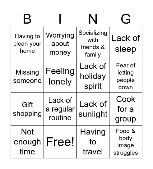 Holiday Stress Bingo Card