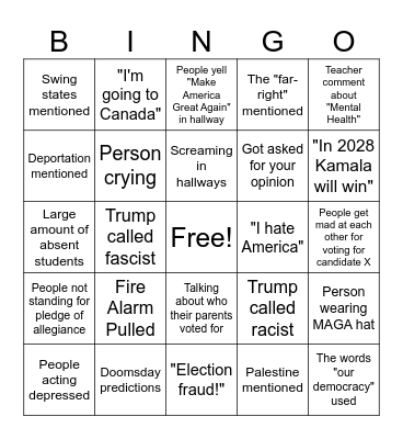 Donald Trump School BINGO Card