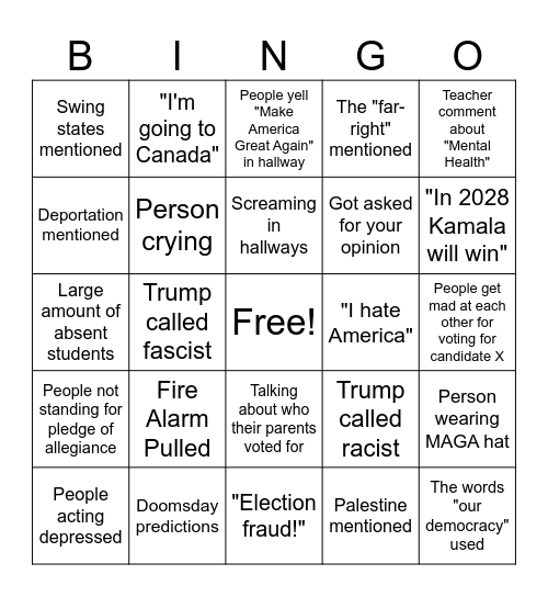 Donald Trump School BINGO Card