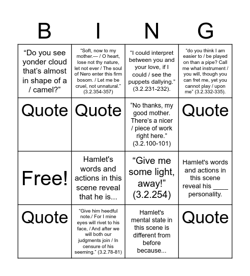 Hamlet Lesson 8 - Act 3, Scene 2 Bingo Card